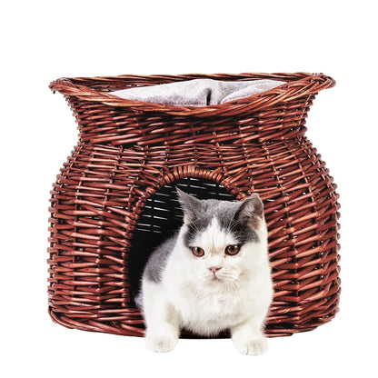 2-Tier Rattan Wicker Elevated Cat House Kitty Scratch Indoor Igloo Cat Bed Cave House Pet Bed Basket with Washable Soft Cushion