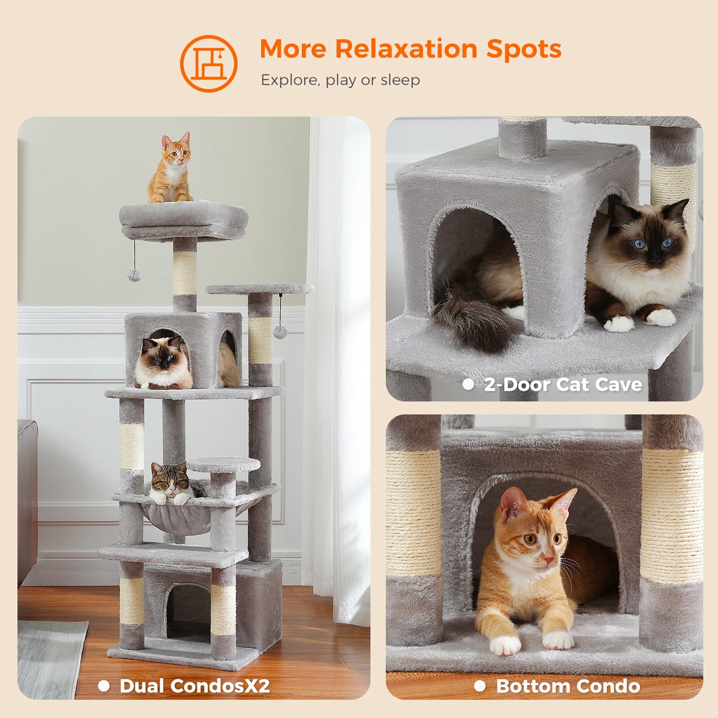 Large Cat Tree and Tower for Indoor Cats With Sisal-Covered Scratching Posts Spacious Hammock Padded Perches and Condos Cat Toys