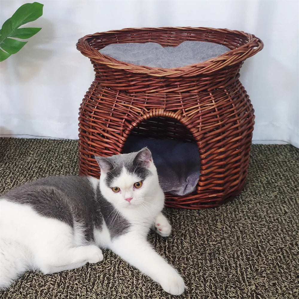 2-Tier Rattan Wicker Elevated Cat House Kitty Scratch Indoor Igloo Cat Bed Cave House Pet Bed Basket with Washable Soft Cushion