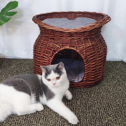 2-Tier Rattan Wicker Elevated Cat House Kitty Scratch Indoor Igloo Cat Bed Cave House Pet Bed Basket with Washable Soft Cushion