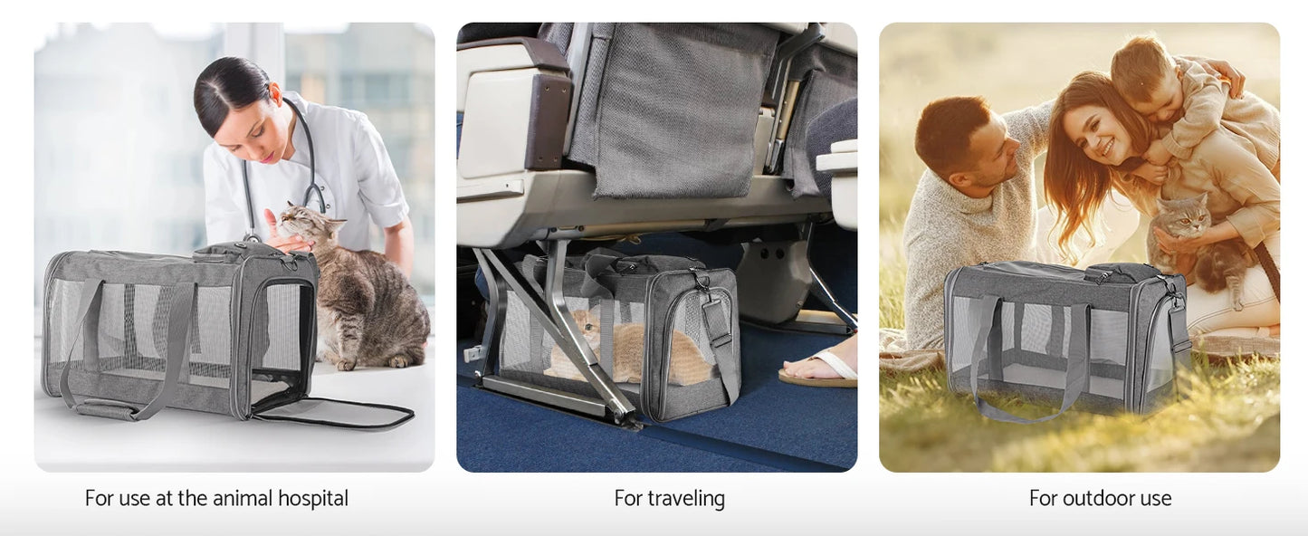 "Airline-approved pet carrier for cats/dogs, soft travel bag, breathable honeycomb board, removable support, for car/air travel