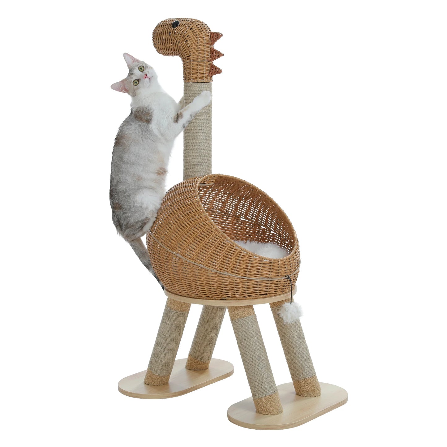 Whimsical Dinosaur Cat Tree Solid Tower with Pillow-Soft Plush Cushion,Removable Mat,Scratching Post, Generous Rattan Nest,116cm