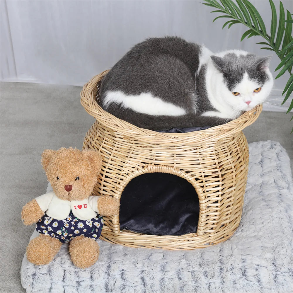 2-Tier Rattan Wicker Elevated Cat House Kitty Scratch Indoor Igloo Cat Bed Cave House Pet Bed Basket with Washable Soft Cushion