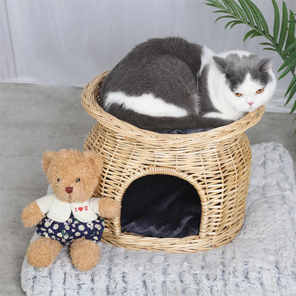 2-Tier Rattan Wicker Elevated Cat House Kitty Scratch Indoor Igloo Cat Bed Cave House Pet Bed Basket with Washable Soft Cushion