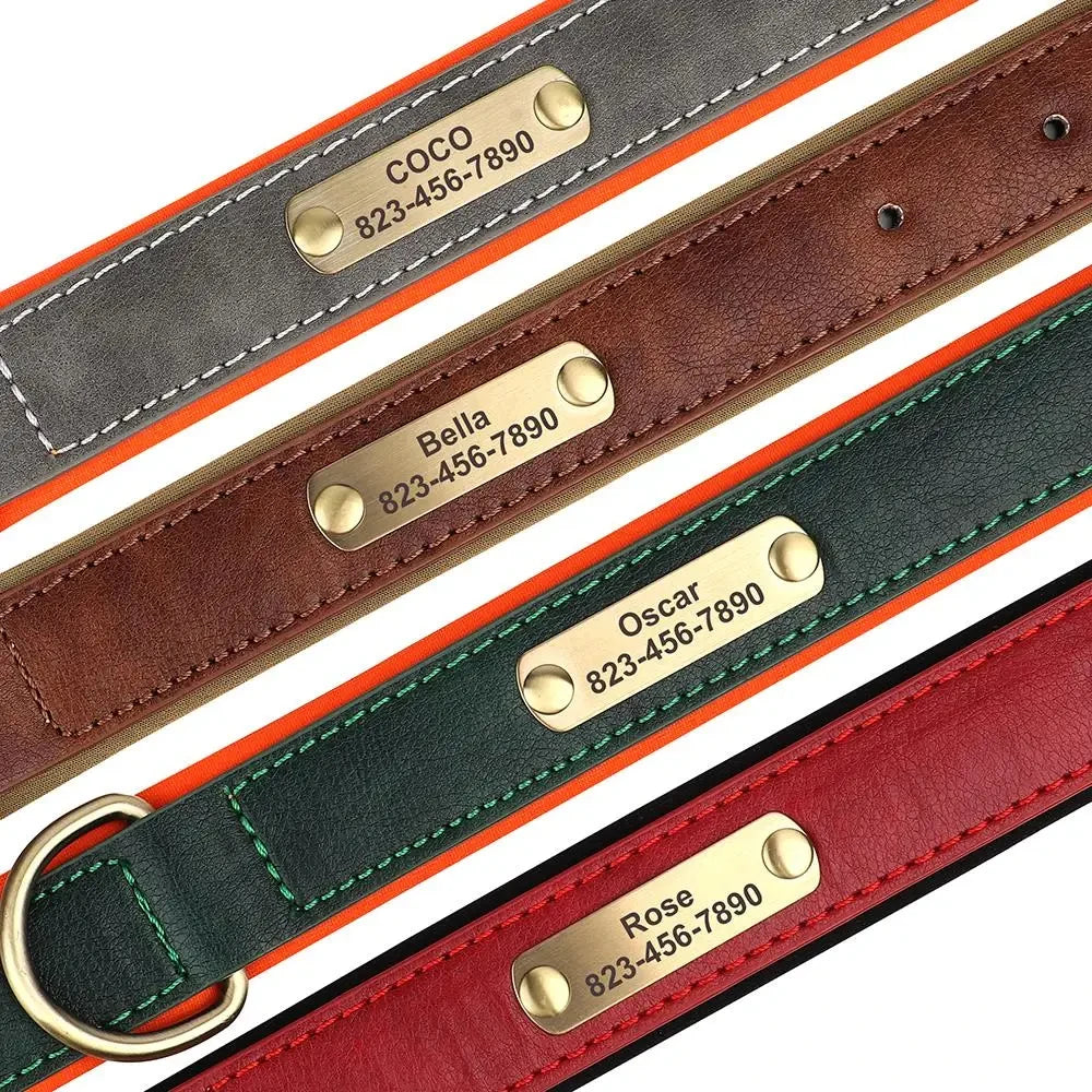 Personalized Customized Leather ID Nameplate Dog Collar Soft Padded Dogs Collars Free Engraving Name for Small Medium Large Dogs