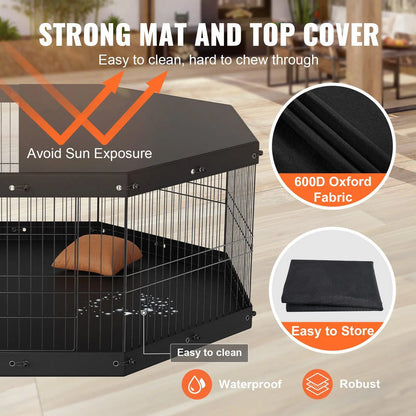 Dog Playpen, 8 Panels Foldable Metal Dog Exercise Pen with Top Cover and Bottom Pad, 24" H Pet Fence Puppy Crate Kennel, I
