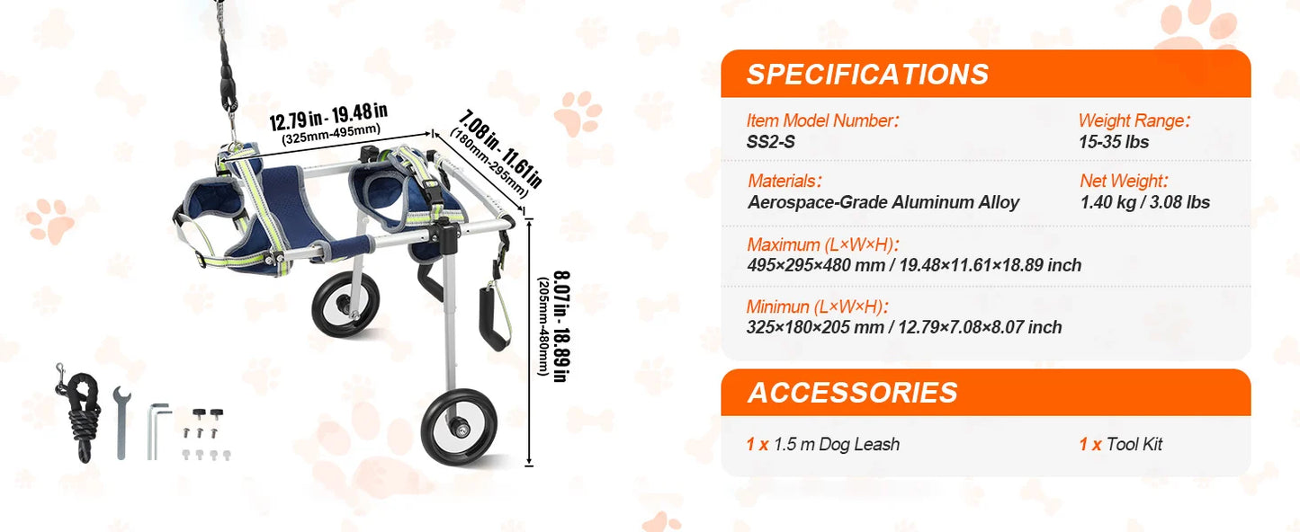 SucceBuy 2 Wheels Dog Wheelchair for Back Legs Pet Wheelchair Dog Cart/Wheelchair for Disabled Paralysis Hind Limb Weak Pet