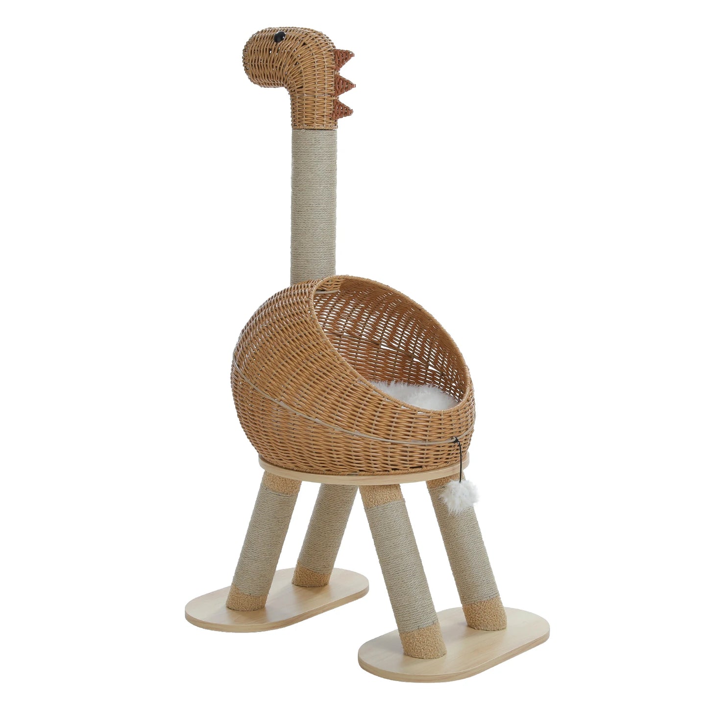 Whimsical Dinosaur Cat Tree Solid Tower with Pillow-Soft Plush Cushion,Removable Mat,Scratching Post, Generous Rattan Nest,116cm