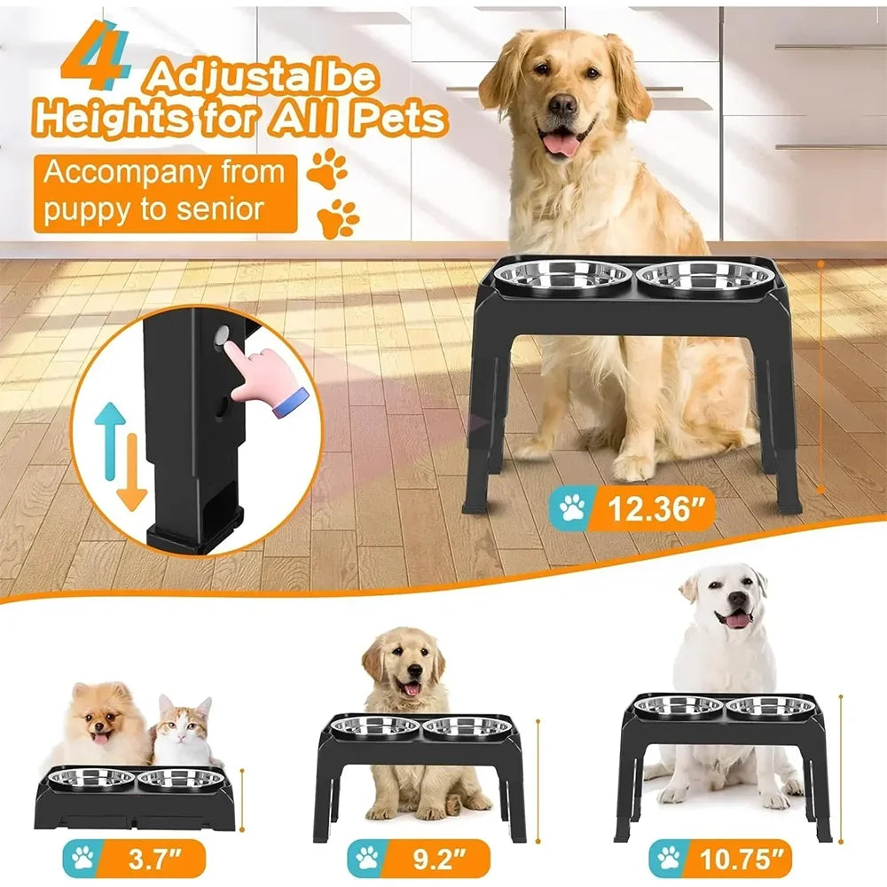 Adjustable Elevated Pet Dish Bowl Black Raised Stand with Double Stainless Steel Food Water Bowls for Small Medium Large Dog Cat