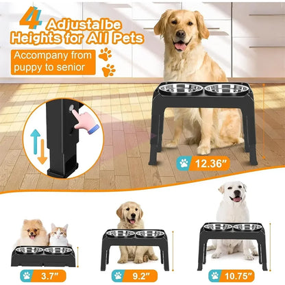 Adjustable Elevated Pet Dish Bowl Black Raised Stand with Double Stainless Steel Food Water Bowls for Small Medium Large Dog Cat
