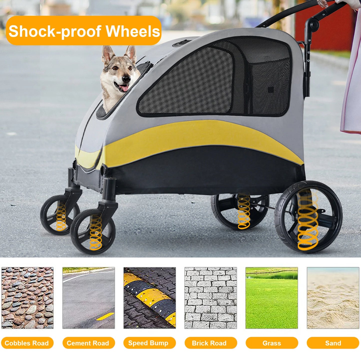 Heavy Duty Large Dog Stroller Buggy 4 Wheels Pet Jogger Pram Doggy Pushchair Brakes Foldable Travel Cart Carriage Zipper Entry