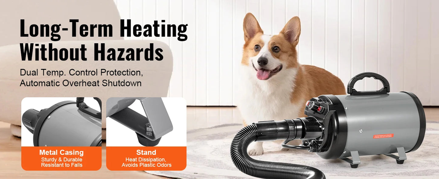 SucceBuy 2000W/2.7HP Dog Blow Dryer Adjustable Speed Temperature Control with 4 Nozzle and Extendable Hose for Pet Hair Grooming