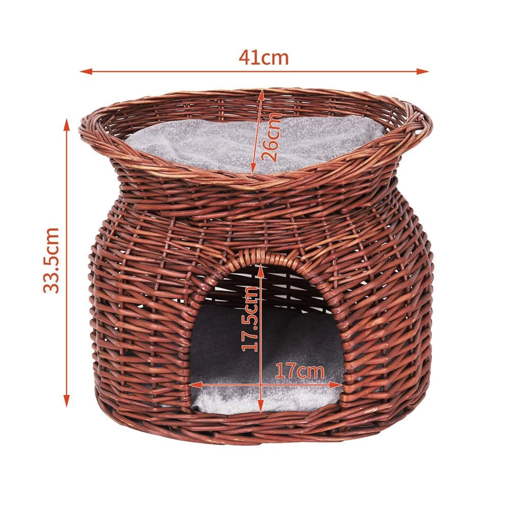 2-Tier Rattan Wicker Elevated Cat House Kitty Scratch Indoor Igloo Cat Bed Cave House Pet Bed Basket with Washable Soft Cushion