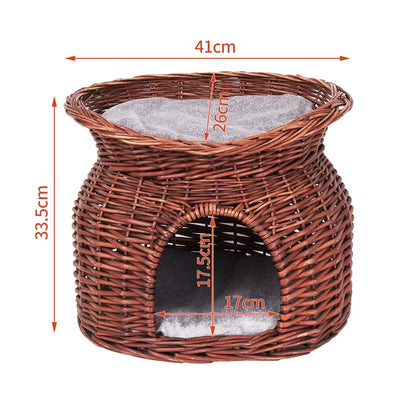 2-Tier Rattan Wicker Elevated Cat House Kitty Scratch Indoor Igloo Cat Bed Cave House Pet Bed Basket with Washable Soft Cushion